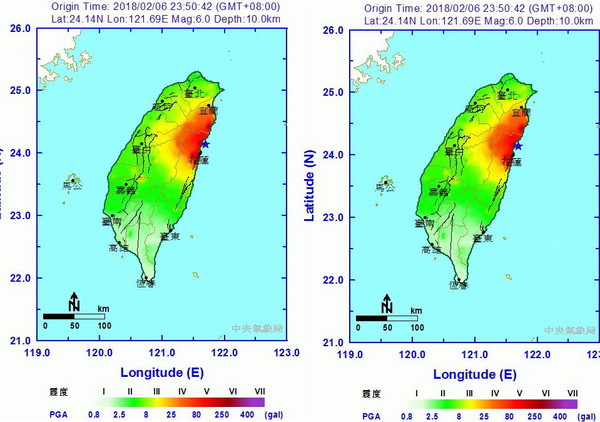 花蓮6.0強震等震度圖。（圖／氣象局）