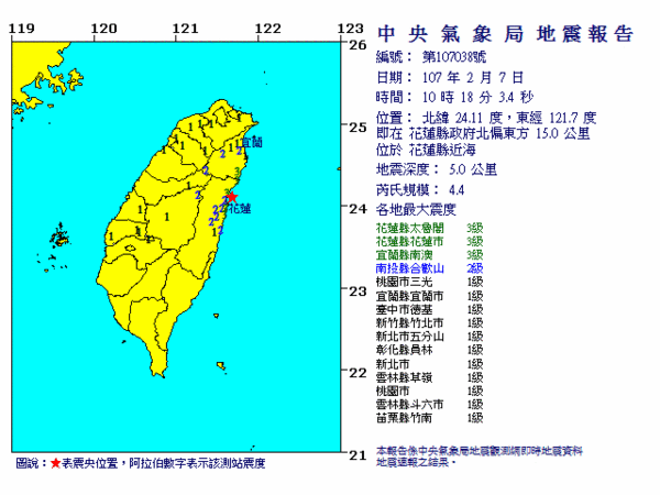 ▲▼花蓮又地震。（圖／中央氣象局）