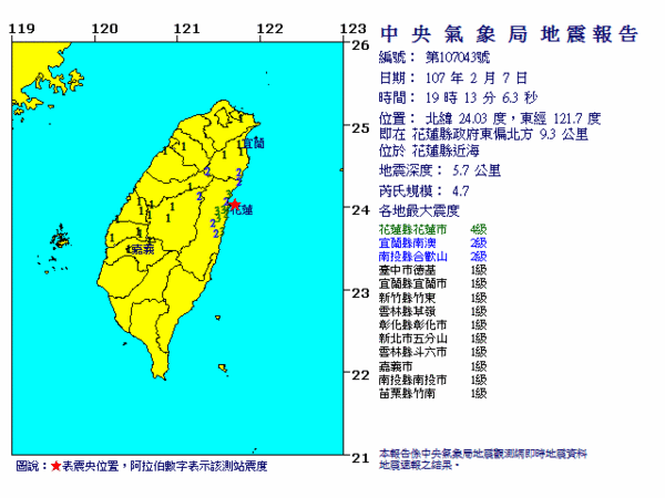 ▲▼花蓮19:13又發生餘震，規模4.7。（圖／氣象局提供）