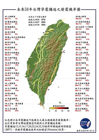 ▲▼ 國立中央大學地球科學系教授馬國鳳分享研究團隊2015年發布的「未來50年台灣孕震構造之發震機率圖」，直指米崙斷層可能發生規模6.4地震的機率為42%。（圖／翻攝自Facebook／quakeledge）