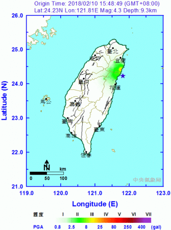 ▲▼東部海域15:48發生規模4.3地震。（圖／中央氣象局）