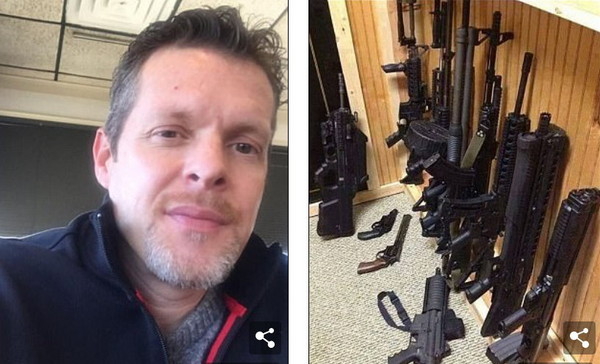 ▲黎克爾是一雨槍迷，右圖為他在社群站上炫 耀自己收藏的大批槍械。(圖／翻攝自臉書)