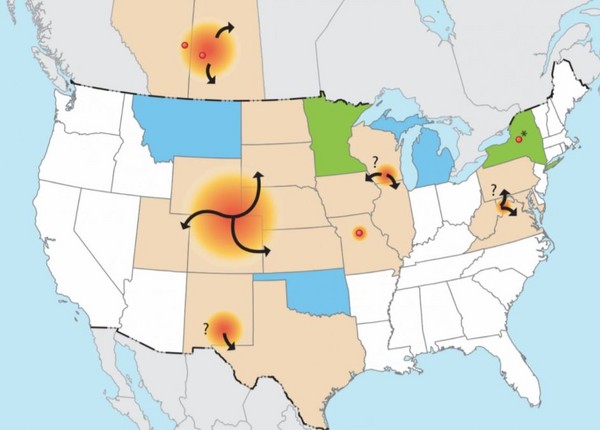 地圖上有色區域已出現受感染鹿隻。（圖／翻攝自美國科學與健康委員會）