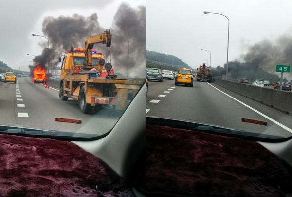 ▲▼中山高速公路近林口路段發生火燒車事故。（圖／民眾林詠城‎提供）