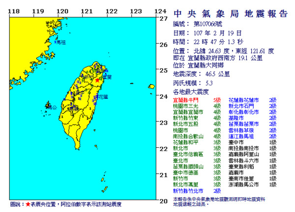 ▲▼快訊／宜蘭5.3有感地震！最大震度5級　北市狂搖15秒。（圖／中央氣象局）