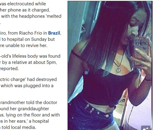 ▲▼ 巴西少女皮涅羅（Luiza Pinheiro）手機充電聽歌，卻發生觸電意外，耳機熔在耳裡身亡。（圖／翻攝自每日郵報）