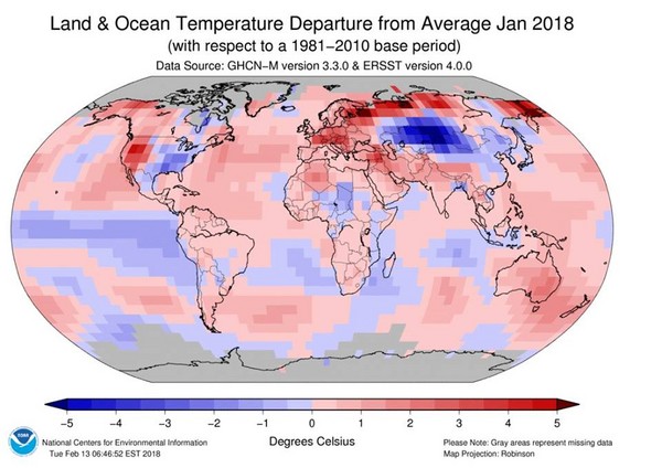 ▲▼2018年1月全球平均氣溫距平分布圖。（圖／取自NOAA/NCEI）