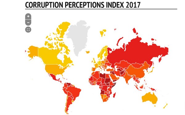 ▲▼2017年貪腐印象指數。（圖／翻攝自國際透明組織官網）