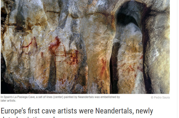 一位國際科學家西班牙北部的巴斯克山洞內發現由「紅色曲線」組成的圖案，通過對洞穴碳酸鹽皮層的放射性分析，非常確定了圖案的年齡。法國古人類學家胡布林（Jean-Jacques Hublin）表示，洞穴繪畫是尼安德特人與現代人之間的主要「文化障礙」。（圖／翻攝自Science）