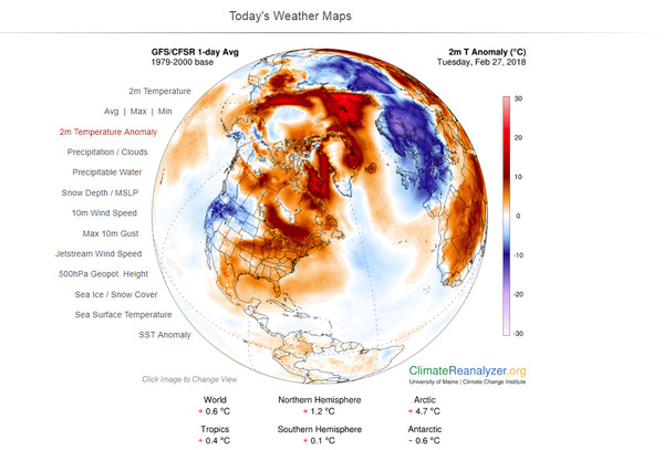 ▲▼ 北極溫度異常高溫。（圖／翻攝自Climate Reanalyzer）