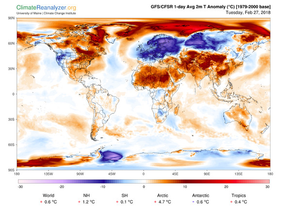 ▲▼ 北極溫度異常高溫。（圖／翻攝自Climate Reanalyzer）