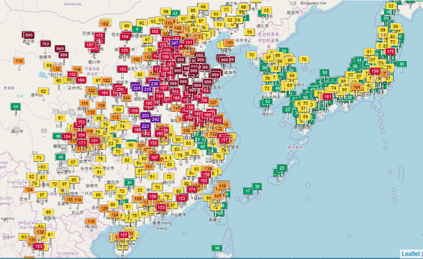 ▲亞洲空汙圖。（圖／截取自亞洲空氣污染：實時空氣質量指數地圖）http://aqicn.org/map/hk/#@g/21.5832/113.335/4z