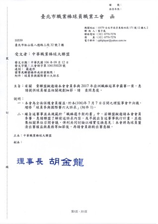 ▲亞冠賽勞動爭議，球員工會與中職聯盟公文 。（圖／球員工會提供）