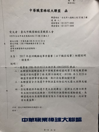 ▲亞冠賽勞動爭議，球員工會與中職聯盟公文 。（圖／球員工會提供）