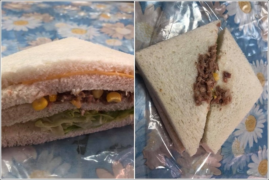 ▲一名網友吃早餐店15元的鮪魚三明治，打開超崩潰。（圖／翻攝自「新竹大小事」臉書）