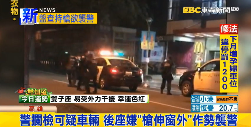 高雄24小時家樂福旁駁火！匪「槍伸窗外」　警轟22槍擊斃。（圖／東森新聞）