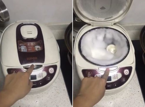 小子女一周沒洗電子鍋，打開爆出「棉花糖」。（圖／翻攝自梨視頻）