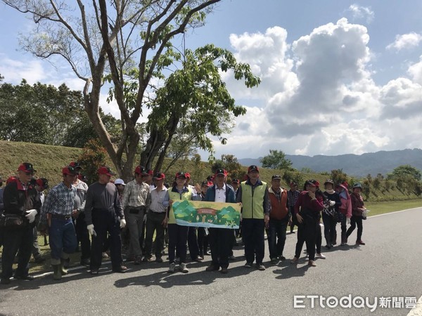 花蓮林管處在大農大富平地森林園區入口處辦理植護樹活動，除將生病光蠟樹清創殺菌隔離外，同時與當地居民在花蓮版伯朗大道兩旁補植俗稱「萬兩金」的春不老。（圖／花蓮林管處提供）