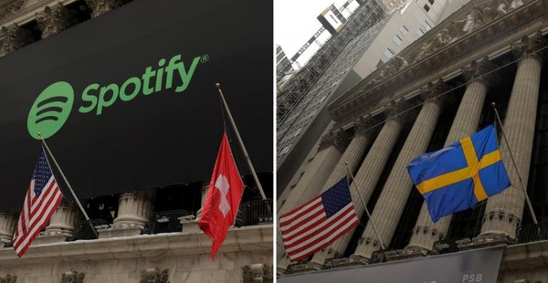 ▲▼ 線上音樂串流平台Spotify上市，紐約證券交易所掛錯國旗。（圖／路透社）