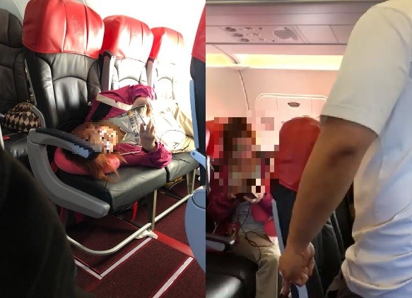 ▲婦女自行升等座位還強佔3個座位，讓同班機的乘客看不下去怒斥。（圖取自臉書／Bruce Lam）