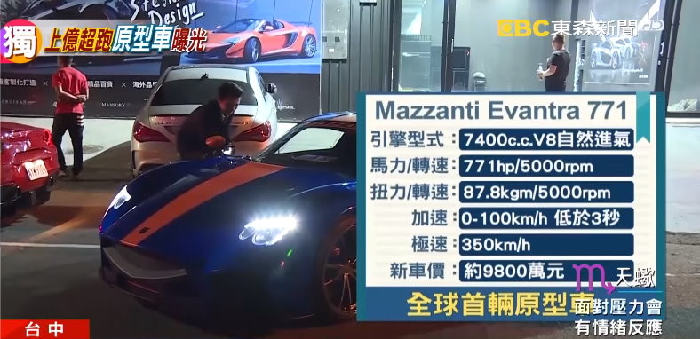 狂暴破億超跑Mazzanti Evantra 771現身台中！全亞洲唯一原型車。（圖／東森新聞）