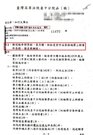 台中高分院去年6月27日判胡景彬16年，上訴公文9月5日才送給最高法院。