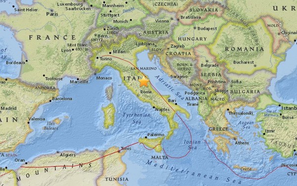 義大利今晨規模4.7地震，下令關校。（圖／翻攝自美國地質調查所）