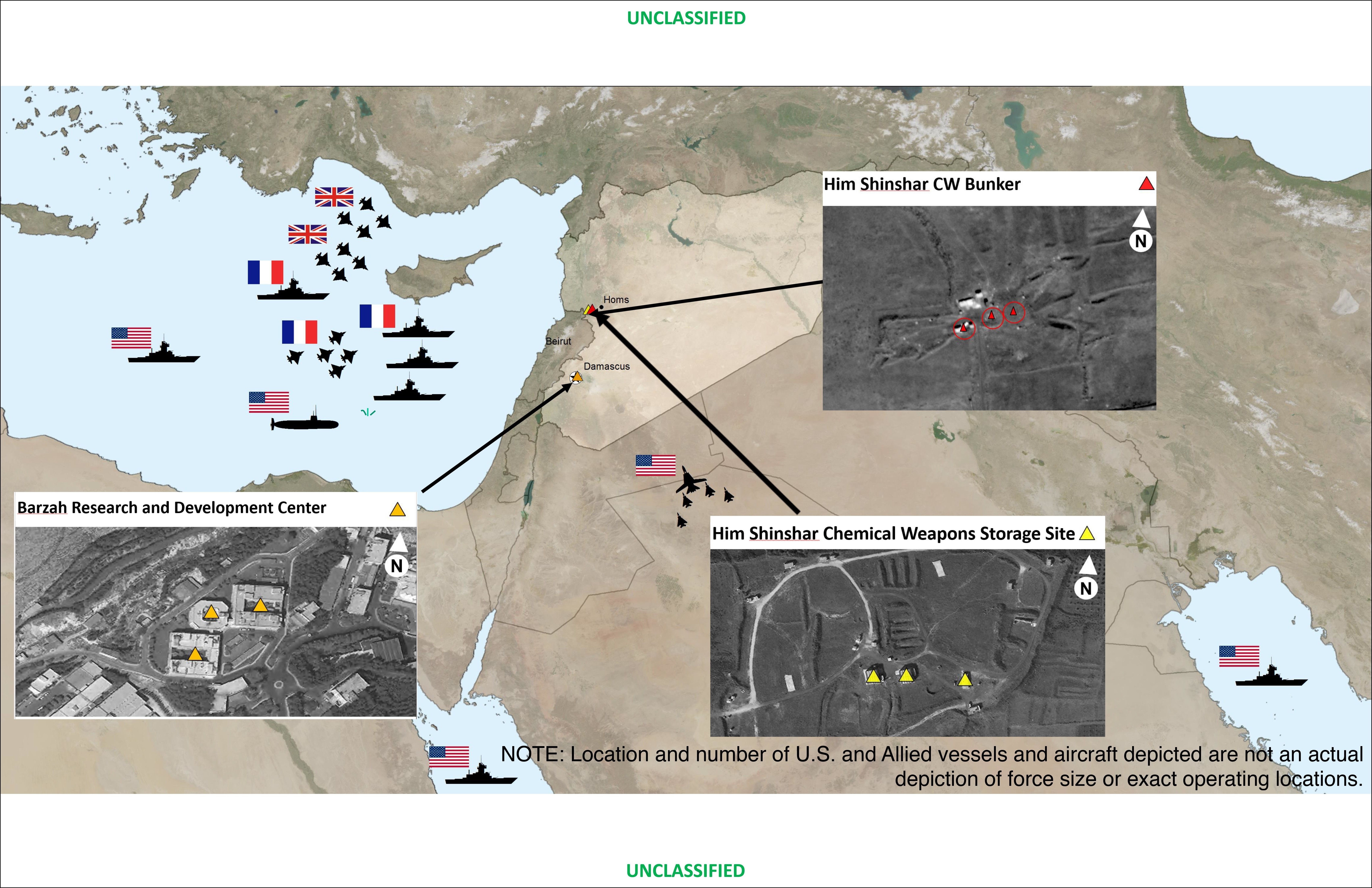 ▲▼美英法軍隊轟炸敘利亞，美國國防部提供衛星照片。（圖／達志影像／美聯社）