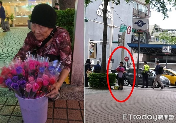 ▲▼85歲阿嬤站在捷運中山站1號出口賣花。（圖／網友張有智提供，請勿隨意翻拍，以免侵權。）