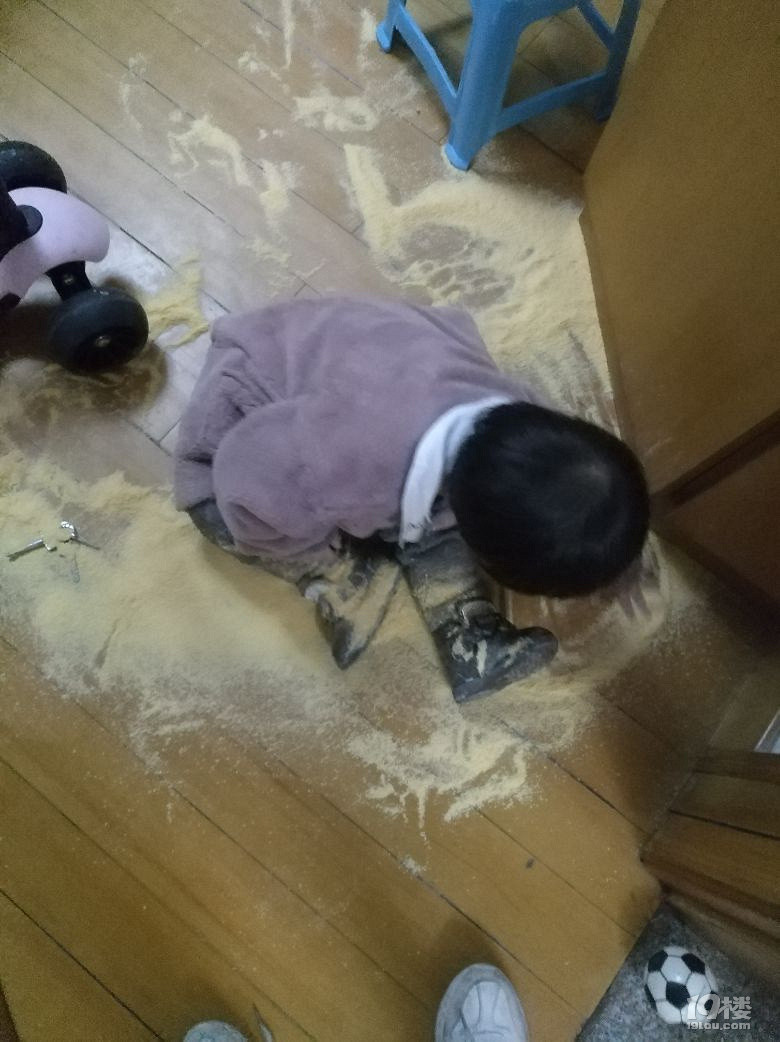 ▲▼ 杭州一名媽媽上個廁所出來，女兒把奶粉撒一地。（圖／取自「19樓」論壇）