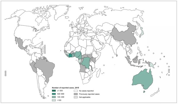 ▲▼2015年布魯裡潰瘍的全球分佈情況。感染主要集中在非洲中部和西部，但澳洲是數量不斷增加的少數地區之一。（圖／世界衛生組織）