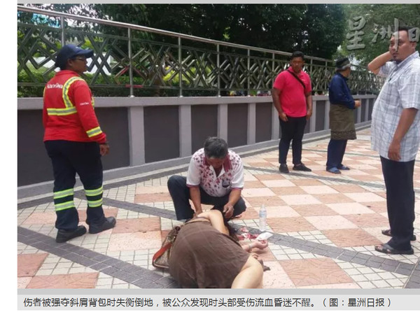 ▲▼台灣女遊客馬來西亞吉隆坡遇搶匪，拉扯倒地撞頭昏迷。（圖／翻攝自星洲網）