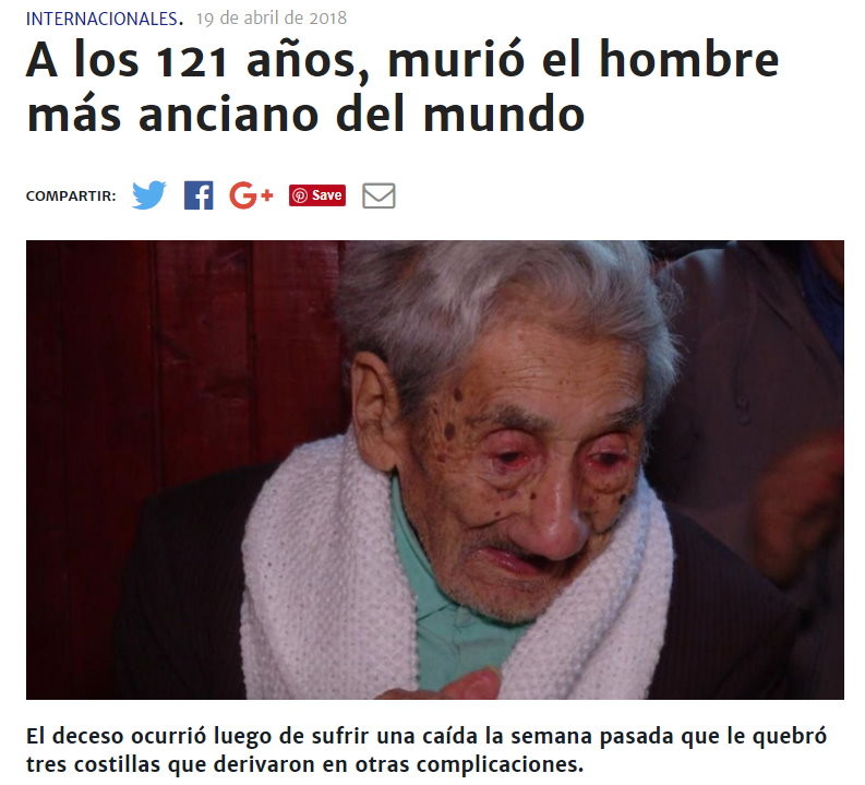 被認為是世界上最長壽的智利人瑞哈拉米略（Celino Villanueva Jaramillo）病逝，享壽121歲。（圖／翻攝diariopopular.com.ar）