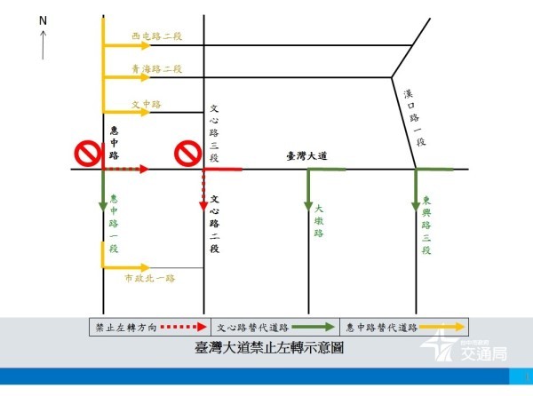 ▲21日起，台灣大道在文心路、惠中路口禁止左轉。（圖／取自台中市交通局網站）
