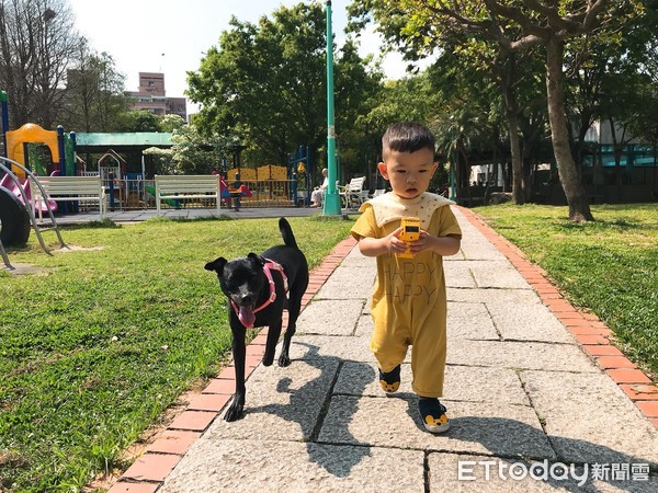 散步遭歧視！膽小汪緊靠1歲保標。（圖／網友李孟璇提供，請勿隨意翻拍，以免侵權。）