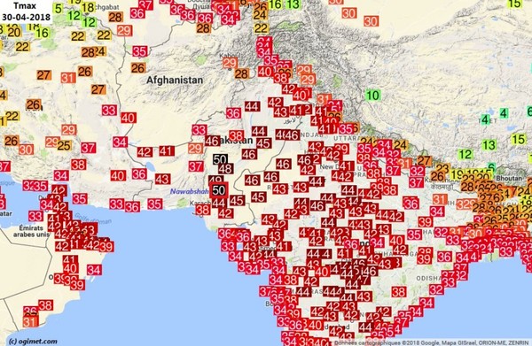 ▲▼印度半島普遍高溫。（圖／翻攝自Twitter@ EKMeteo）