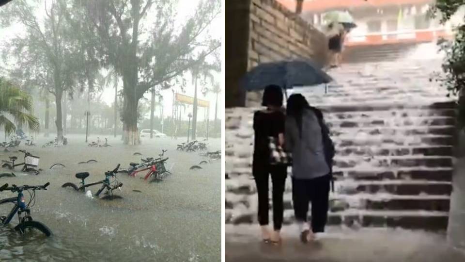 ▲▼廈門大學因暴雨讓樓梯慘變瀑布。（圖／翻攝自中國氣象愛好者、新浪廈門微博）