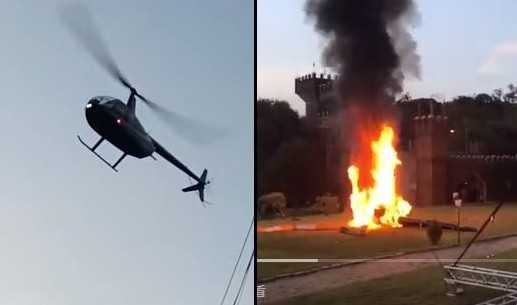 ▲巴西「新娘直升機」墜機陷入火海。（圖／取自YouTube：Lk Spotter及推特：AreaDoMarcel）