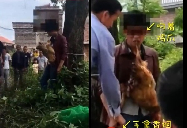 偷雞被抓包！　罰站男被鄉民綁在樹上「含大雞」。（圖／翻攝自大陸「看看新聞News」的秒拍）