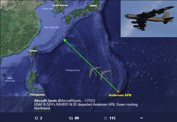 ▲▼B-52模擬搭載空射反艦飛彈攻擊中國航母的路線。（圖／翻攝自Aircraft Spots推特）