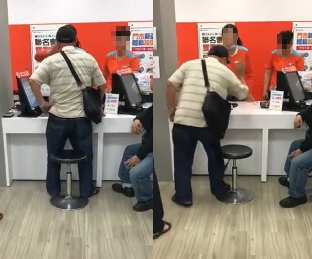 ▲阿伯在電信門市拍桌要求叫警察。（圖／翻攝自臉書靠北電信業奧客）