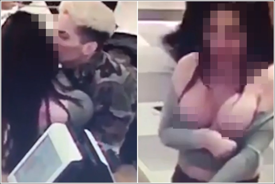 ▲英國倫敦一對女子在麥當勞櫃台裸露F奶，大玩「上下交疊」。（圖／翻攝自影片）