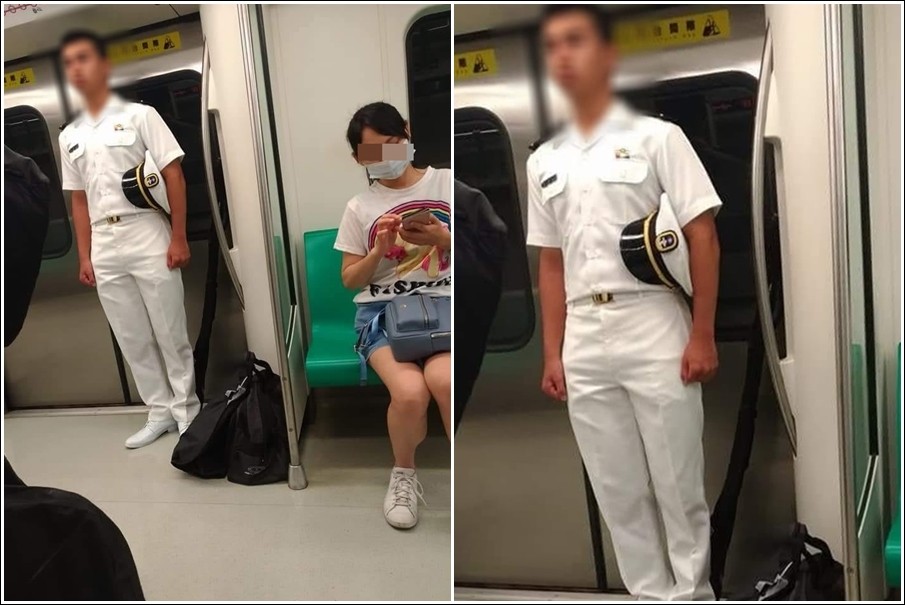 ▲一名海軍搭乘高雄捷運，英挺站著的模樣讓人相當感動與尊敬。（圖／翻攝自爆廢公社）