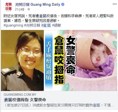 ▲▼新加坡女警遭倉鼠咬傷。(圖／翻攝自光明日報臉書)