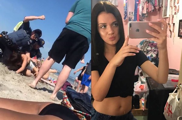 ▲▼費城20歲女子溫曼（Emily Weinman）26日來到紐澤西州（New Jersey）的海灘，她因為持有酒類，與警方爆發衝突。（圖／翻攝自推特HewittLexy；翻攝自臉書Emily Weinman）