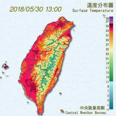 ▲▼中央氣象局發佈即時天氣訊息指出，13時23分大台北地區已出現37℃高溫，台中地區也有36度高溫發生。（圖／翻攝自氣象局）