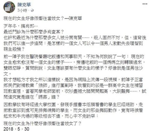 ▲「現在女生嚮往當妓女？」　北榮醫生被網友「戰到刪文」。（圖／翻攝陳克華臉書）