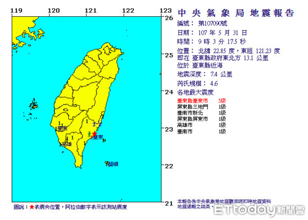 ▲0531台東地震快訊。（圖／翻攝自交通部中央氣象局）