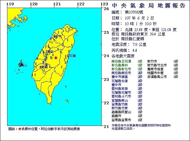 ▲南投地震快訊。（圖／中央氣象局）