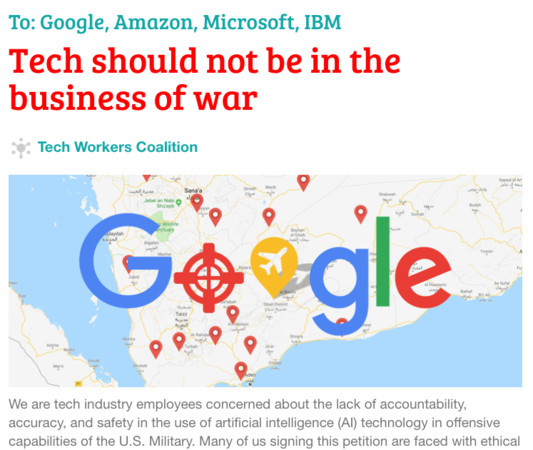 「科技工作者聯盟」發出聯署信呼籲科技業不該投入戰爭事業。（網路截圖）